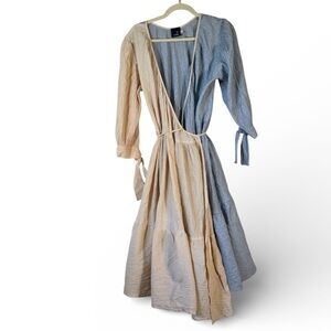 Et Tiger Beige Blue Cotton Wrap Dress Womens L Boho Peasant Casual Quiet Luxury